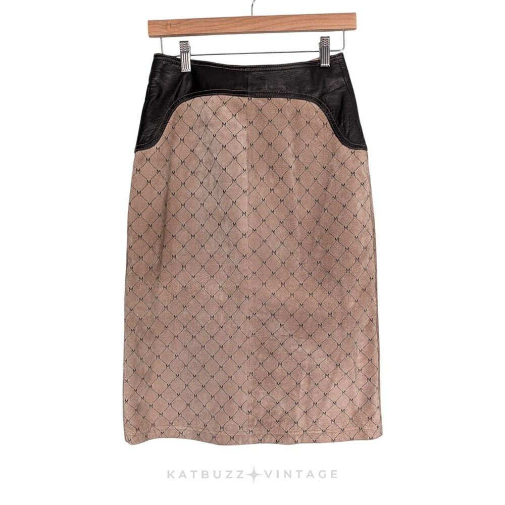 Vintage Wilsons Leather Midi Skirt 4 Suede Tan Brown Y2K Logo Zip Glam Baddie - Picture 3 of 12